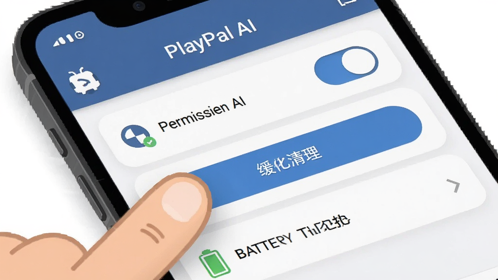 一个手机屏幕显示“PlayPal AI”的设置界面,界面中有权限开关、缓存清理按钮和电池优化选项,旁边有一个卡通手指正在点击屏幕,布局为特写镜头,风格为简洁的扁平化设计,细节包括清晰的图标和微妙的阴影,画质锐利,干净,无多余元素