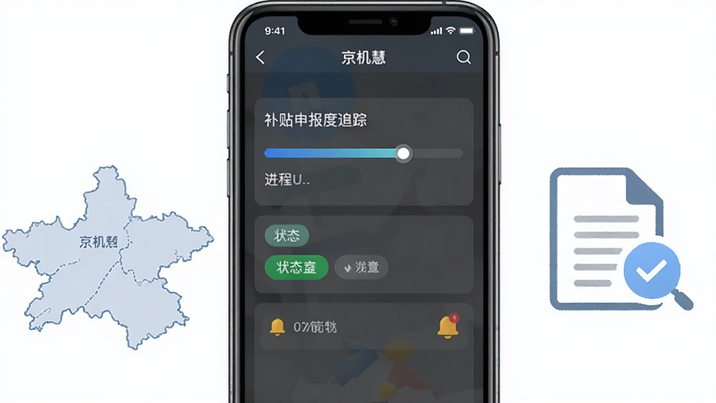 一款名为京机慧的手机APP界面展示图,画面中心为手机屏幕特写,屏幕内显示补贴申报进度追踪页面,包含进度条、状态标签和通知提醒图标,手机两侧分别放置北京市地图轮廓和文件审核图标,背景为白色简洁风格,扁平化设计,画质高清干净无多余元素