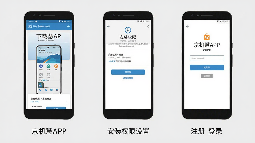 京机慧APP在安卓手机上的安装步骤示意图,画面从左到右依次展示三个手机屏幕,分别对应下载页面、安装权限设置页面和注册登录页面,每个屏幕下方配有简洁的步骤说明文字,背景为浅灰色,整体风格清爽直观,扁平化设计,画质清晰干净无多余元素