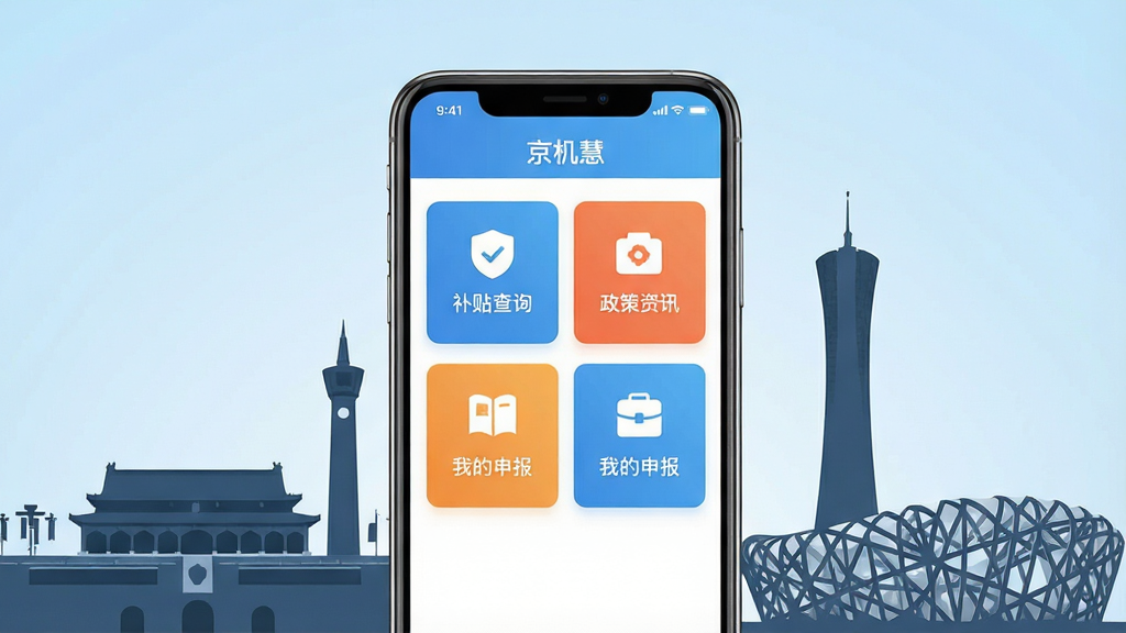 一张展示京机慧手机应用主界面的场景图,画面中央是一部竖屏智能手机,屏幕内显示京机慧APP的首页界面,包含补贴查询、政策资讯、我的申报等模块图标,手机周围环绕着北京地标建筑剪影如天安门、鸟巢等元素,背景为浅蓝色渐变,整体风格简洁现代,扁平化设计,画质清晰干净无多余元素