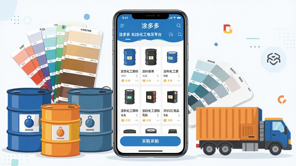 一张展示涂多多B2B化工电商平台全貌的场景图。画面主体为一部智能手机,屏幕显示涂多多APP首页界面,包含涂料化工原料商品列表与采购按钮。手机周围环绕化工桶、涂料色卡、物流货车等元素,布局为手机居中,左侧化工原料,右侧物流元素。风格为现代扁平商务风,细节清晰,色彩明亮。画质高清,干净整洁,无多余元素。