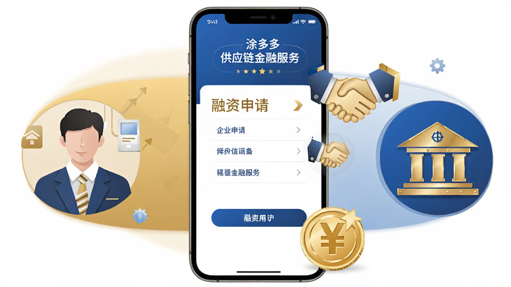 一幅展示涂多多供应链金融服务的概念图。主体为手机屏幕显示融资申请界面,旁边有握手图标和金币符号。布局为手机居中,左侧显示企业用户,右侧显示金融机构图标。风格为现代商务插画,细节清晰,色彩以金色和蓝色为主。画质高清,干净整洁,无多余元素。