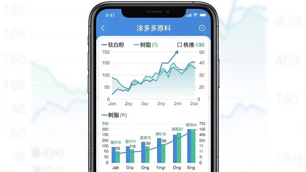 一张涂多多APP内化工原料行情走势图界面的截图风格插画。主体为手机屏幕,显示折线图和柱状图,标注钛白粉、树脂等价格走势。布局为手机居中,图表占据屏幕主要区域。风格为简洁商务风,细节清晰,色彩以蓝色和绿色为主。画质高清,干净整洁,无多余元素。