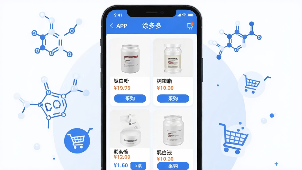 一幅展示涂多多APP内化工原料商品列表页面的数字插画。主体为手机屏幕,显示钛白粉、树脂、乳液等商品卡片,每张卡片包含产品图片、名称、价格和采购按钮。布局为手机屏幕占画面中央,四周漂浮化工分子结构式和购物车图标。风格为科技感扁平插画,细节丰富,色彩以蓝色和白色为主。画质高清,干净整洁,无多余元素。