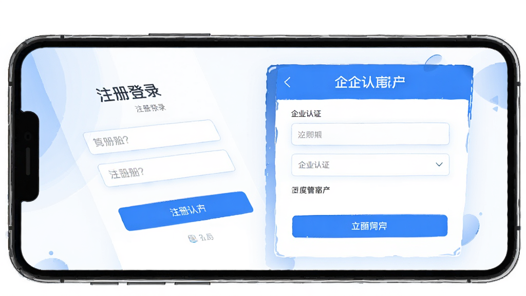 一张涂多多APP新手操作界面的手机截图风格插画。主体为手机屏幕,显示注册登录页面和企业认证表单。布局为手机居中,屏幕内显示输入框和按钮。风格为简洁明快的UI风格,细节清晰,色彩以蓝色和白色为主。画质高清,干净整洁,无多余元素。