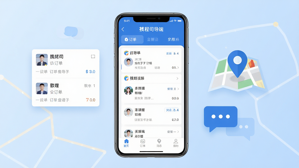 携程司导端手机应用界面展示,画面中央一部智能手机竖屏显示订单列表页面,顶部有携程司导端字样,底部导航栏清晰可见;背景为浅蓝色渐变,左右两侧分别漂浮着订单卡片、地图定位图标和消息气泡;整体风格简洁商务,扁平化设计,色彩以蓝色和白色为主,画面干净整洁无多余元素,高清画质,2K分辨率。