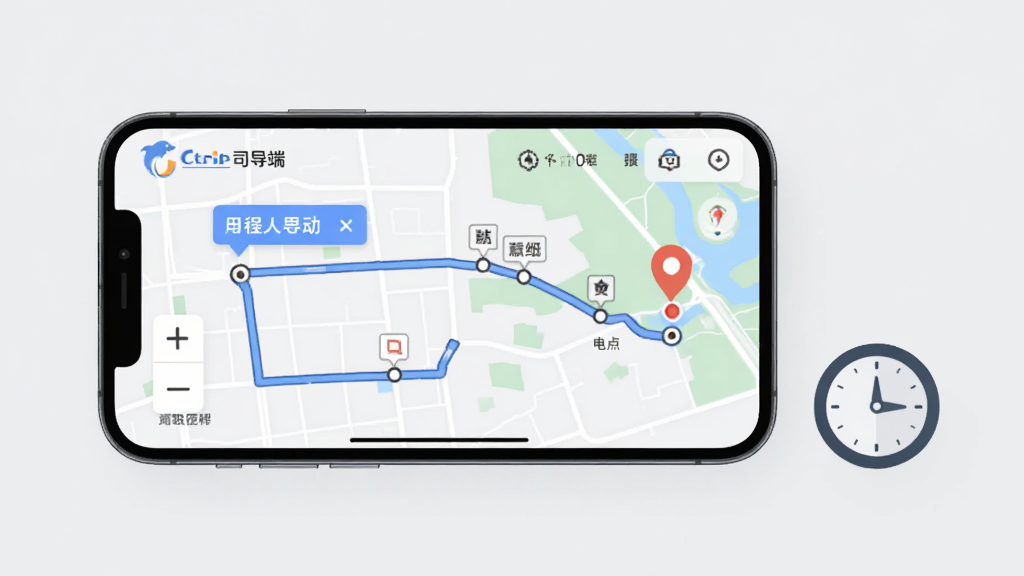 携程司导端应用内行程导航界面,画面展示一部手机横屏放置,屏幕上显示地图路线规划,起点和终点标注清晰,中间有多个途经点;手机旁边放置一个指南针和一个时钟图标;背景为浅灰色,风格简约现代,扁平化设计,画面干净无多余元素,高清画质,2K分辨率。