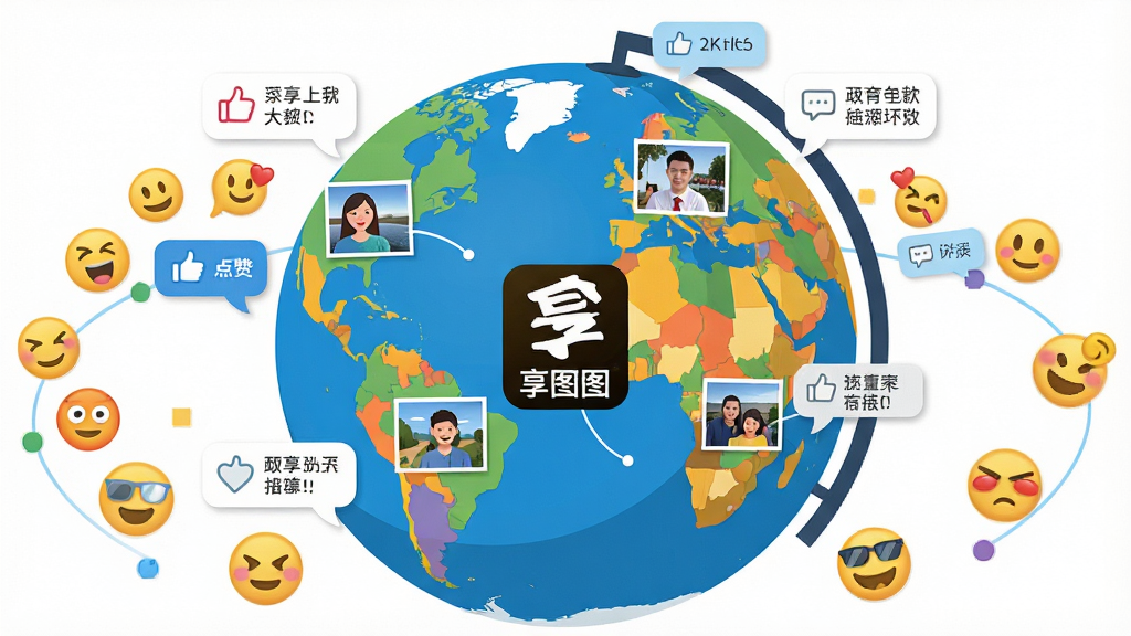 一张描绘享图社区互动场景的AI生图,画面主体是一个巨大的地球仪,地球仪表面显示着不同国家用户上传的照片,照片之间连接着点赞和评论的气泡,地球仪周围环绕着各种表情符号,布局为环绕式构图,风格为插画扁平风,细节包括气泡中的文字和地球仪上的享图标志,画质为4K超清,画面干净无多余元素