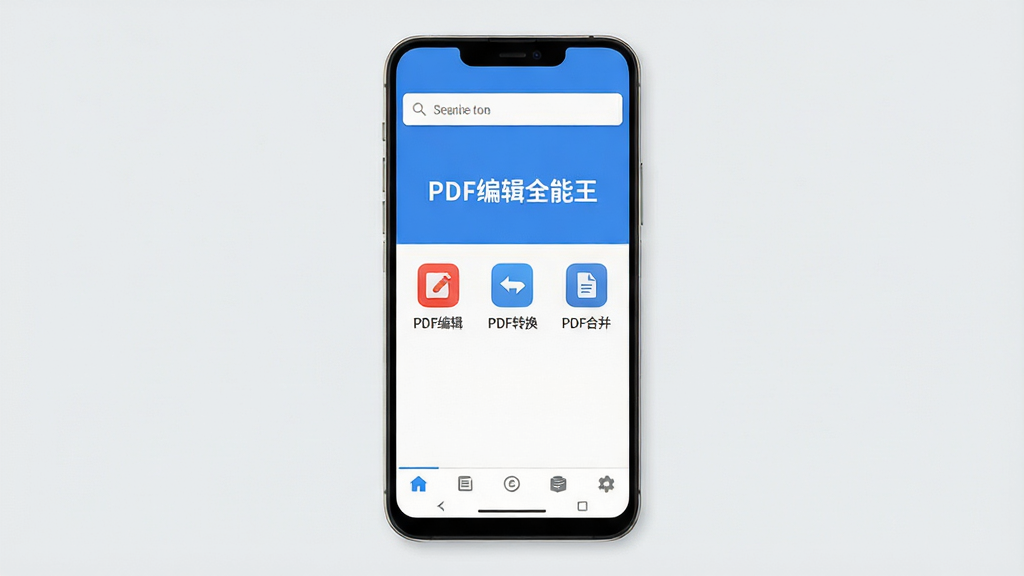一张展示安卓手机屏幕的图片,屏幕中央显示“PDF编辑全能王”软件主界面,界面采用简洁的蓝白配色,顶部有搜索栏,中部有“PDF编辑”“PDF转换”“PDF合并”等功能图标,底部有导航栏,背景为干净的浅灰色,整体风格清爽现代,画质清晰,无多余元素
