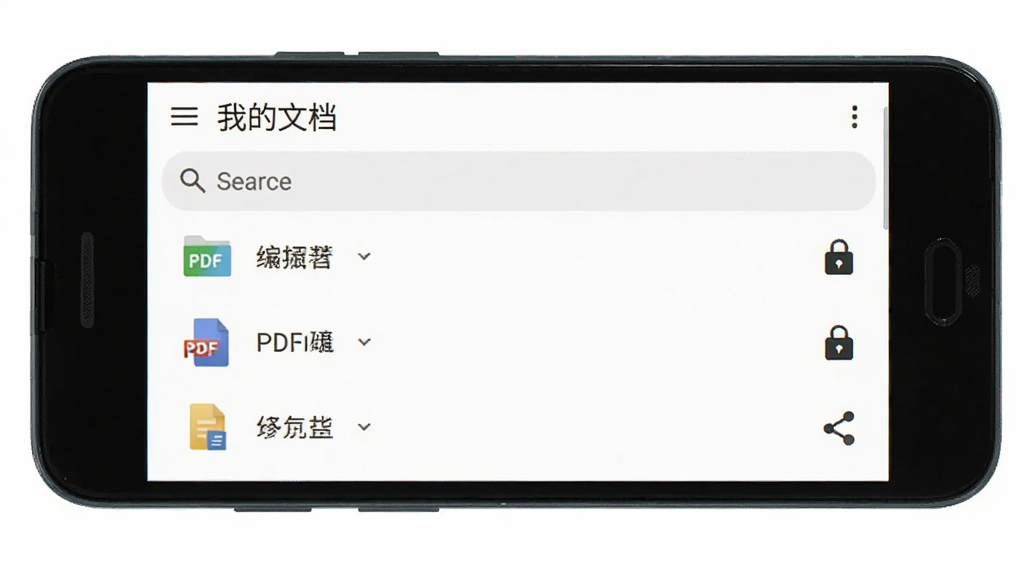 一部安卓手机展示“PDF编辑全能王”的文件管理界面,屏幕上有文件列表和搜索框,每个文件右侧有锁形图标和分享图标,背景为白色,顶部有“我的文档”标题,整体排版整齐,画质清晰