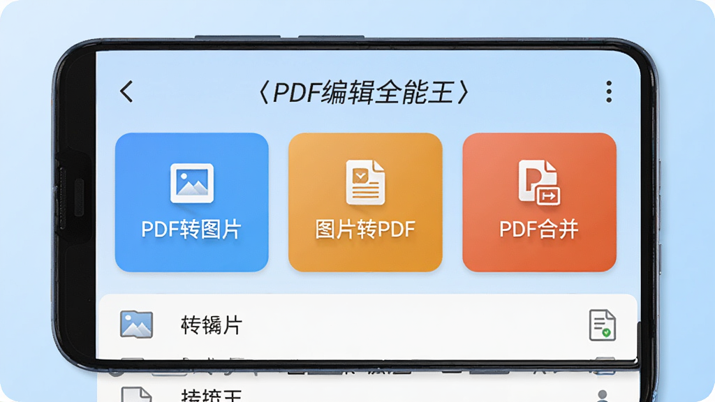 一部安卓手机展示“PDF编辑全能王”的格式转换界面,屏幕上有“PDF转图片”“图片转PDF”“PDF合并”三个大按钮,按钮下方有文件列表,背景为浅蓝色渐变,整体风格简洁明快,画质清晰