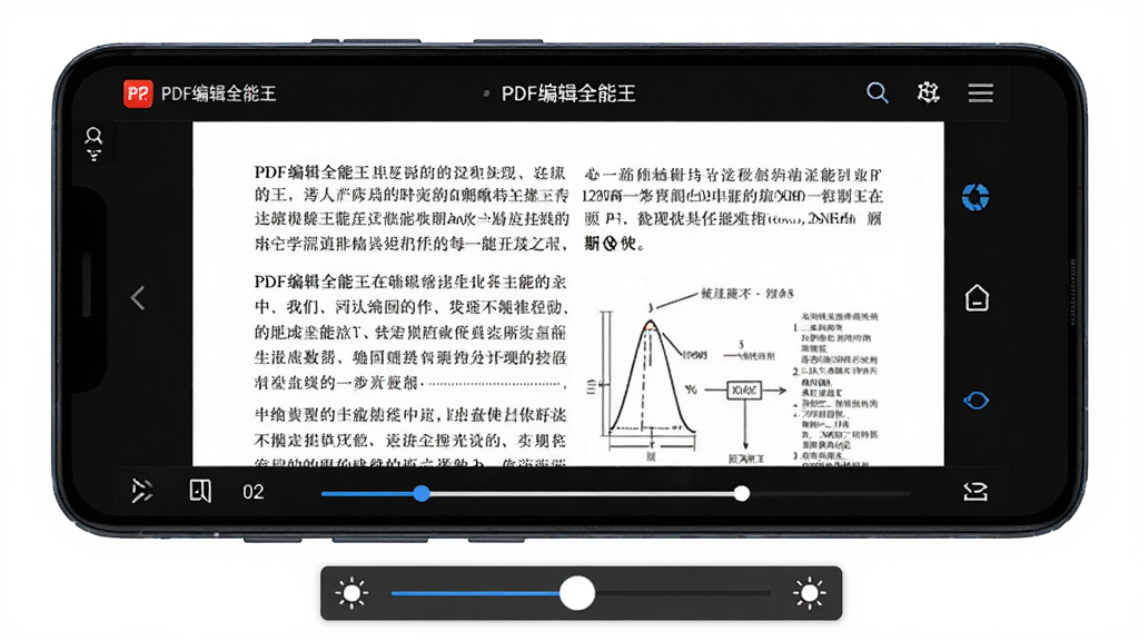 一部安卓手机横屏展示PDF文档阅读界面,屏幕中显示“PDF编辑全能王”的阅读模式,页面有清晰的文字段落和图表,背景为深色夜间模式,手机下方有页码进度条和亮度调节滑块,整体画面干净整洁,画质细腻