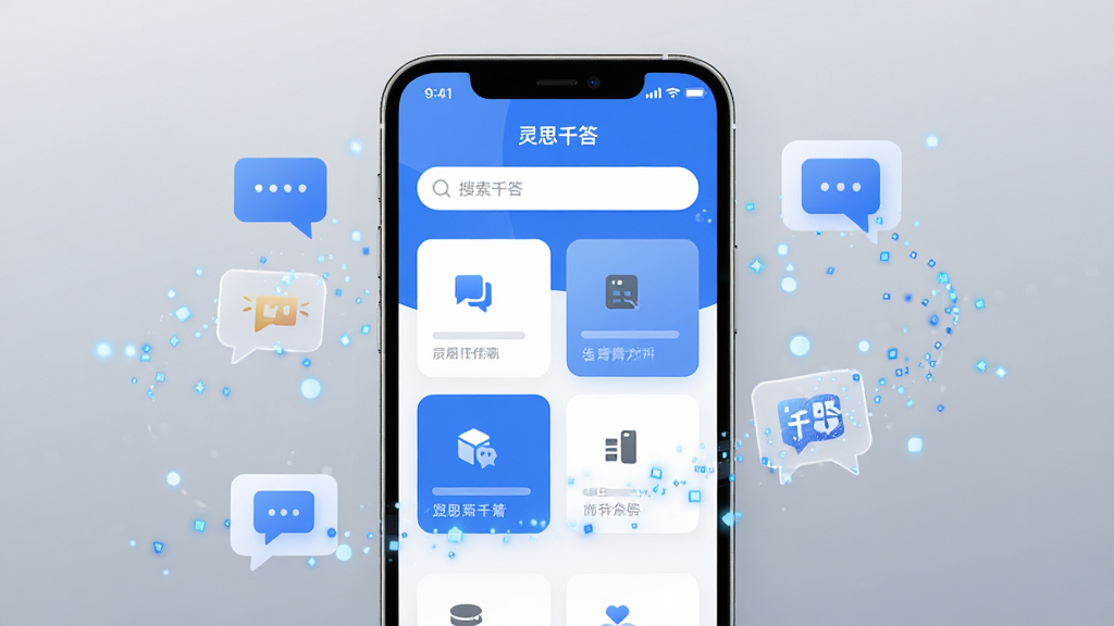 画面中央展示一部智能手机,手机屏幕亮起显示“灵思千答”应用主界面,界面以蓝白配色为主,布局简洁,上方有搜索输入框,下方排列功能卡片。手机周围环绕着发光的数字粒子与问答气泡图标,背景为浅灰色渐变,整体风格现代科技感,细节清晰,画质干净,无多余元素。