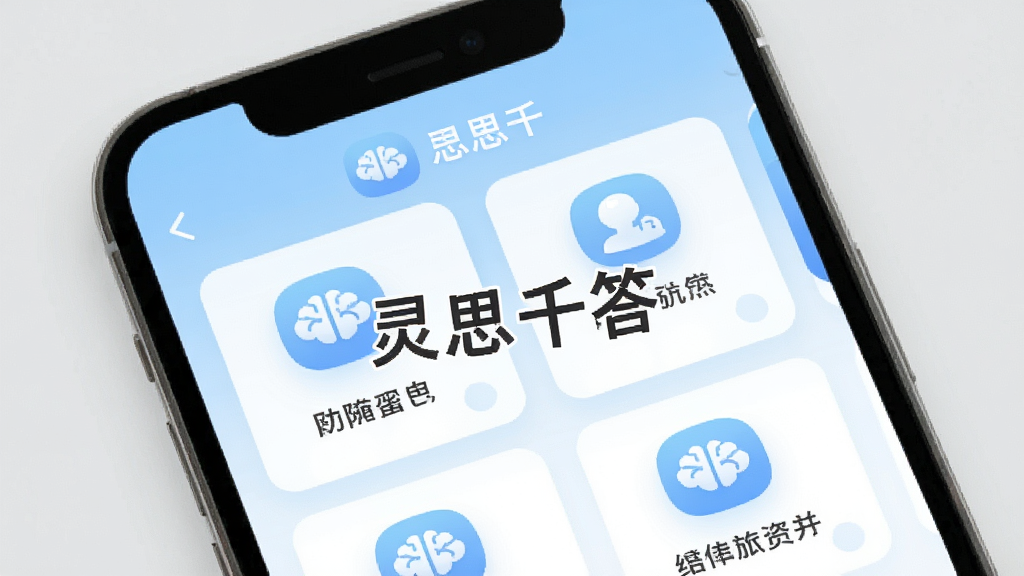 画面中心为“灵思千答”应用界面,以俯视角度展示手机屏幕,界面采用卡片式布局,配色为浅蓝与白色,图标圆润,文字清晰。背景为纯色浅灰,风格极简,细节干净,画质清晰,无多余元素。