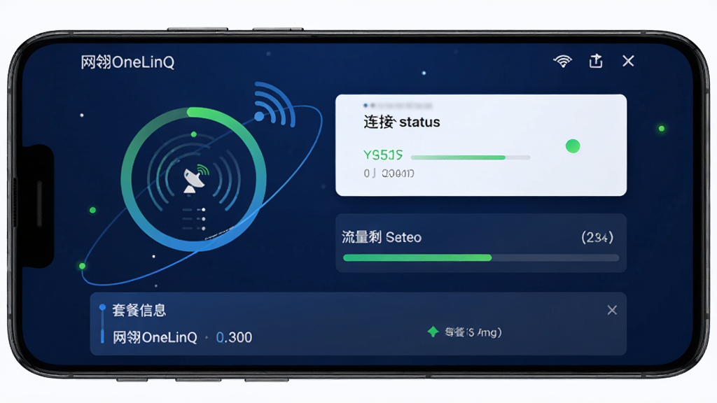网翎OneLinQ卫星上网管理软件主界面展示图,主体为一部安卓手机屏幕,屏幕中显示网翎OneLinQ应用界面,包含卫星信号强度圆环、连接状态卡片、流量剩余进度条、套餐信息栏,布局为上下结构,排版清晰,风格为现代科技感深蓝色调,细节包含信号波纹图标、卫星轨道装饰线条、状态指示灯,画质高清,干净,无多余元素