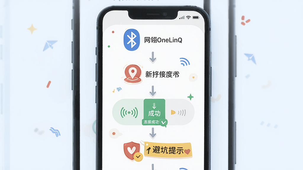 网翎OneLinQ新手使用指南示意图,主体为手机屏幕显示操作步骤流程图,布局为纵向步骤条,排版清晰,风格为扁平化插画风,细节包含蓝牙图标、定位图标、连接成功画面、避坑提示标签,画质高清,干净,无多余元素