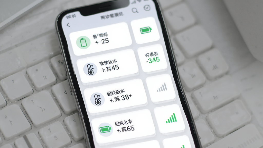 网翎OneLinQ设备诊断功能展示图,主体为手机屏幕显示设备状态列表,布局为纵向卡片式排列,排版清晰,风格为简约商务风,细节包含电量图标、温度计图标、固件版本号、信号格,画质高清,干净,无多余元素