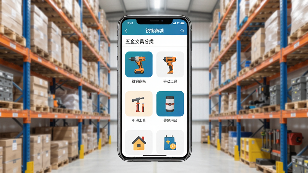 一张展示锐锢商城APP首页界面的手机样机图,画面中央是手机屏幕,屏幕内显示锐锢商城APP的五金工具分类页面,包含电动工具、手动工具、劳保用品等图标,背景是整洁的工业仓库货架,整体风格简洁明亮,画质清晰,干净无多余元素