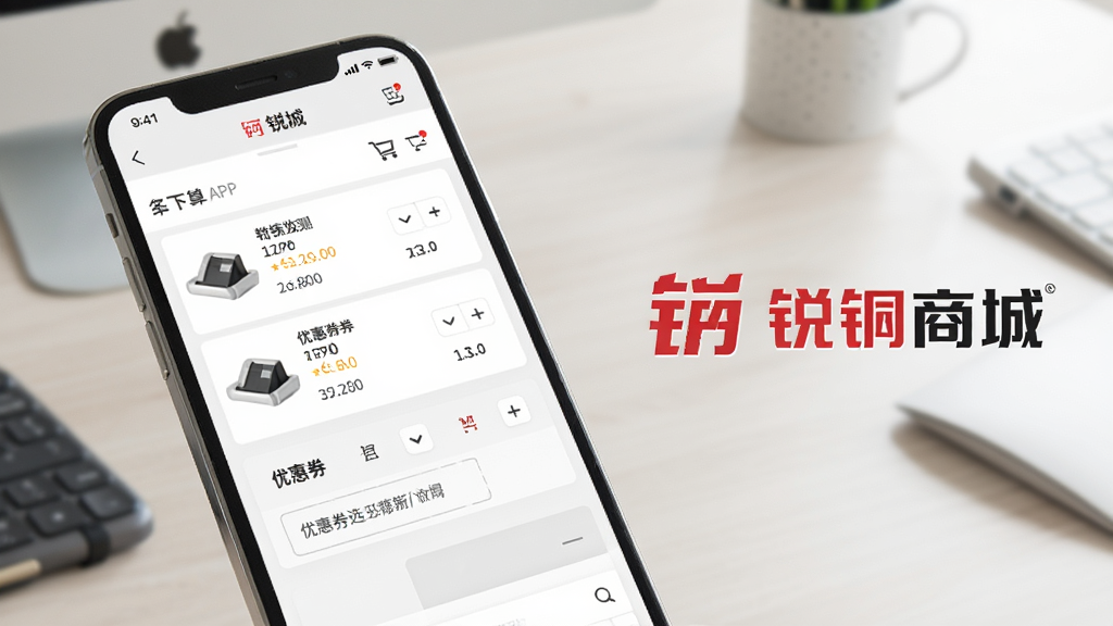 一张展示锐锢商城APP下单结算页面的特写图,手机屏幕显示购物车结算界面,包含商品清单、数量调整、优惠券选择等元素,画面右侧有锐锢商城的品牌标识,背景是柔和的办公桌面,风格商务简洁,画质清晰,干净无多余元素