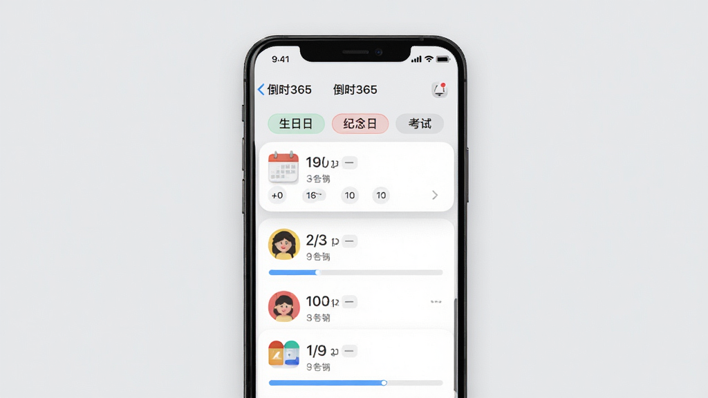倒计时365软件功能展示图,画面中一部手机屏幕显示倒计时365应用的多类型事件管理界面,包含生日、纪念日、考试等分类标签,每个事件配有不同颜色图标,背景为浅灰色,布局为上下结构,风格现代简约,细节包含日期数字与进度条,画质清晰,干净,无多余元素