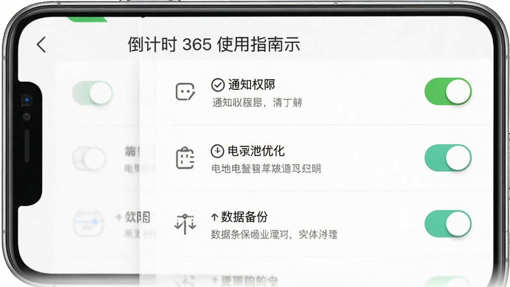 倒计时365使用指南示意图,画面中一部手机屏幕显示应用设置界面,包含通知权限、电池优化、数据备份等选项,背景为白色,布局为列表结构,风格简洁商务,细节包含开关按钮与文字说明,画质清晰,干净,无多余元素