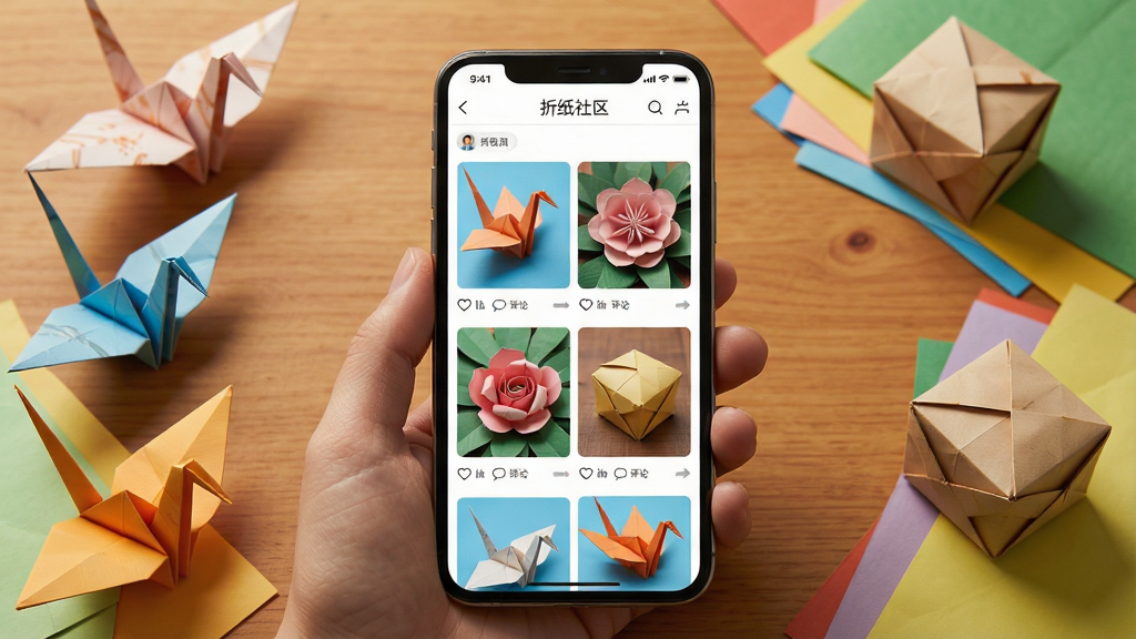 一张展示折纸应用社区互动页面的场景图,画面中央为手机屏幕,屏幕内显示折纸应用的社区页面,顶部有“折纸社区”标题,下方以瀑布流形式展示多个用户上传的折纸作品照片,包括纸鹤、纸花、纸盒等,每张图片下方有点赞和评论图标。手机周围摆放着几件折纸成品和彩色纸,背景为暖色调木纹桌面,风格温馨友好,细节丰富,画质高清,无多余杂物。