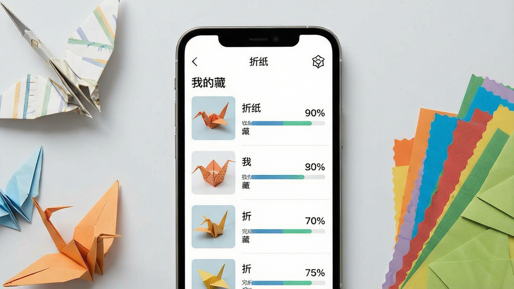 一张展示折纸应用收藏与进度页面的手机界面图,画面主体为一部手机,屏幕上显示折纸应用的“我的收藏”页面,列表中包含多个折纸教程条目,每条右侧有进度条显示完成百分比,顶部有“折纸”字样和收藏图标。手机旁边散落着几张折纸作品和彩色纸张,背景为浅灰色,风格素雅简洁,细节清晰,画质干净,无多余装饰。