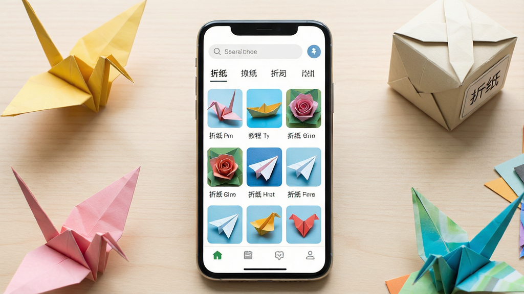 一张展示折纸应用界面的手机场景图,画面中央是一部竖屏智能手机,屏幕上显示折纸应用的主页,页面顶部有搜索栏和分类标签,中部以网格形式排列着各种折纸教程缩略图,包括纸鹤、纸船、纸玫瑰、纸飞机等,底部有导航栏。手机周围散落着几张彩色折纸作品实物,如折好的千纸鹤和纸盒,背景为浅木色桌面,整体布局干净整洁,风格清新明亮,细节上突出应用图标和界面文字“折纸”,画质高清,光线柔和,无多余杂物。