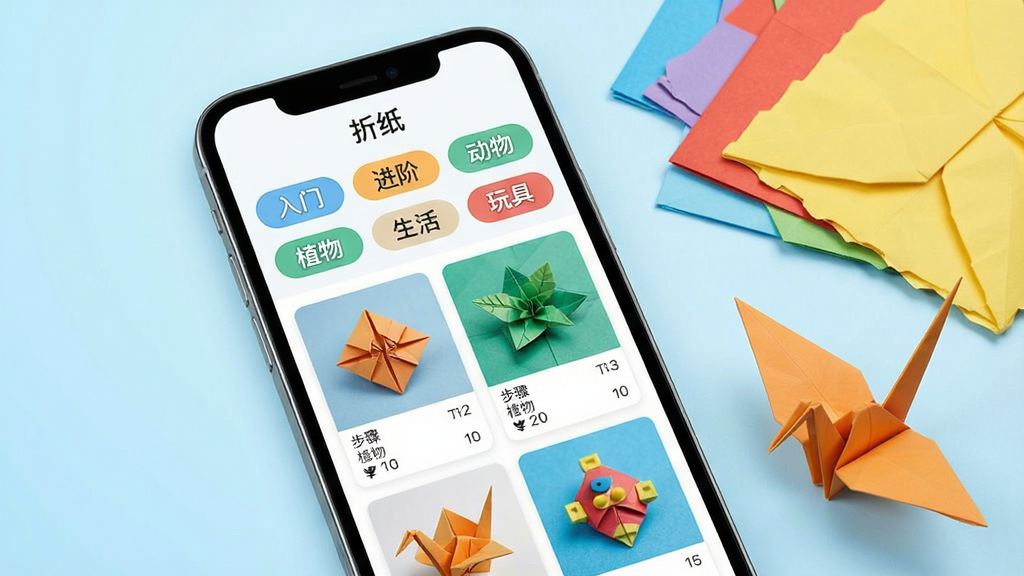 一张展示折纸应用教程分类页面的效果图,画面主体为手机屏幕,屏幕内显示折纸应用界面,顶部有“折纸”应用名称,下方排列着“入门”“进阶”“动物”“植物”“生活”“玩具”等分类按钮,中部展示多个折纸教程卡片,每张卡片上有折纸成品图和步骤数量标注。手机旁放置了几张彩色折纸和一只折好的纸鹤,背景为淡蓝色渐变,风格简洁现代,细节清晰,画质干净,无多余元素。