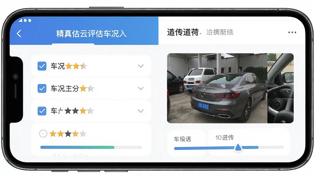 一张展示精真估云评估车况录入界面的图片,主体为手机屏幕中的勾选列表与照片上传区域,布局为上下结构,排版清晰,风格为移动端UI设计风,细节包含车况评分星级和进度条元素,画质高清,干净,无多余元素
