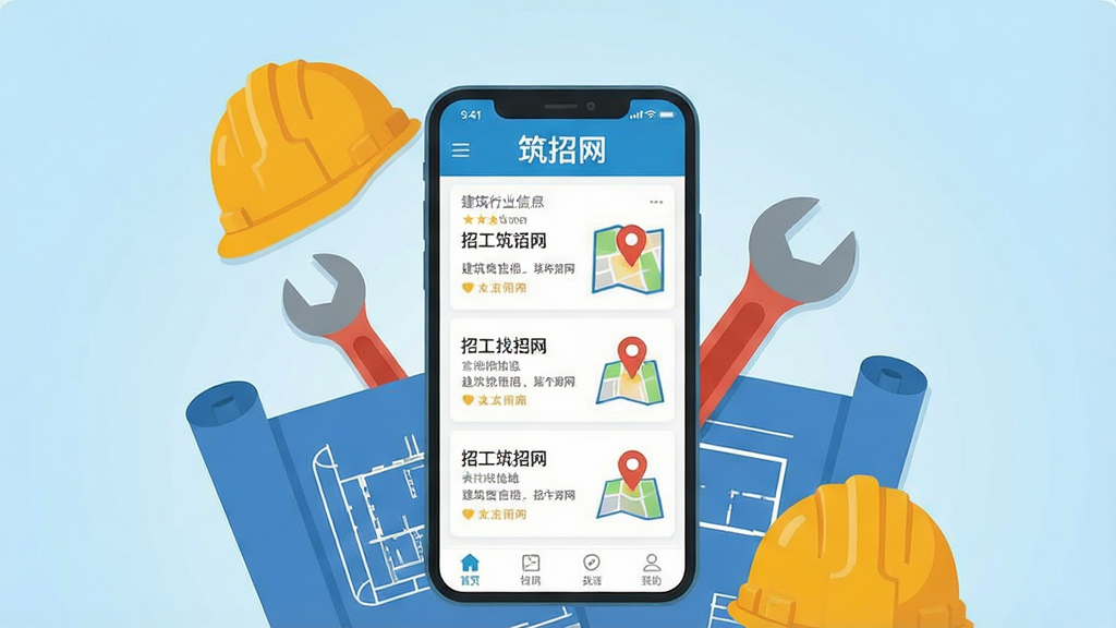一张展示建筑行业招工找活场景的扁平化插画,画面中央放置一部智能手机,手机屏幕上清晰显示“筑招网”应用界面,界面中包含招工信息列表和地图定位图标,手机周围环绕着安全帽、扳手、图纸等建筑元素,背景为浅蓝色渐变,布局采用居中构图,风格简洁现代,细节丰富,画质清晰干净,无多余元素。