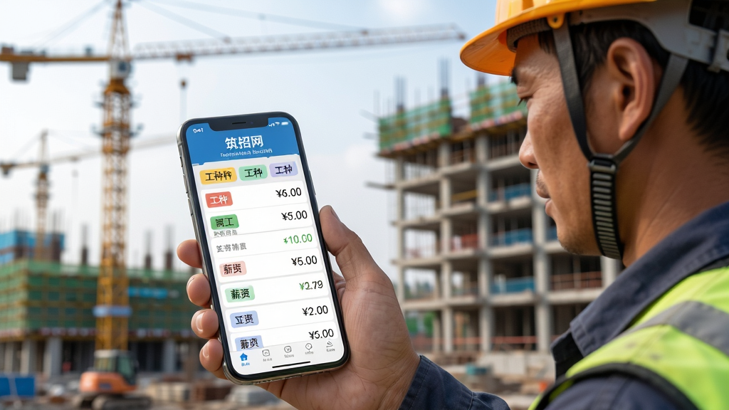 展示一个建筑工人使用“筑招网”应用浏览招工信息的场景,画面主体为工人手持手机,手机屏幕显示“筑招网”的岗位列表页面,背景是建筑工地,有塔吊和正在施工的楼房,布局采用人物特写加背景虚化,风格写实,细节包括手机界面上的工种标签和薪资数字,画质高清,干净无杂乱元素。