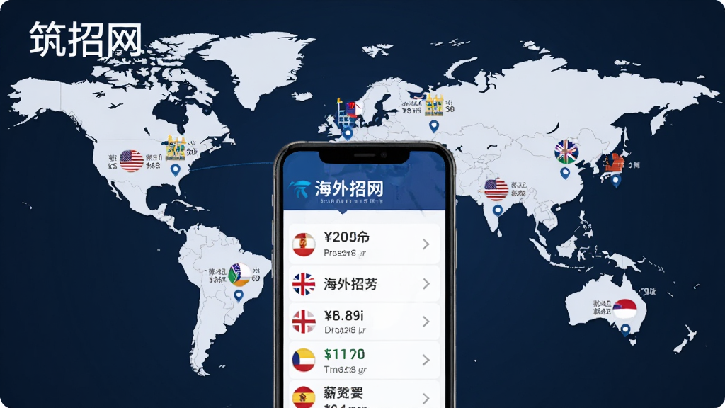 以“筑招网”海外专区为主题,画面展示世界地图背景,地图上标注多个海外建筑项目地点,前景是一部手机显示海外招工列表,布局采用地图与手机结合,风格国际化,细节包括国旗图标和薪资标注,画质高清,干净无多余元素。