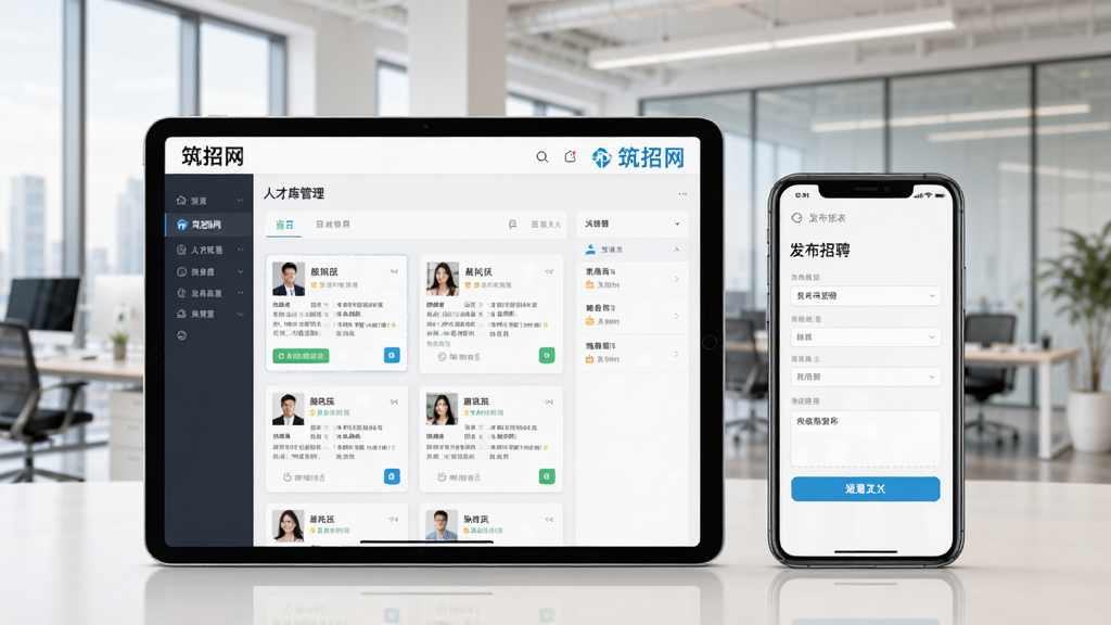 展示“筑招网”企业招聘端界面,画面为一部平板电脑和一部手机并排显示,平板电脑屏幕上展示人才库管理列表,手机屏幕上显示发布招聘的表单,背景为现代化办公室,布局采用产品展示风格,细节包括简历卡片和沟通按钮,画质清晰,干净整洁,无多余元素。