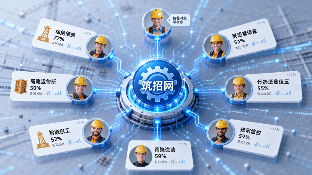 以“筑招网”智能匹配功能为主题,画面中心是一个发光的推荐引擎图标,周围连接着工人头像和招工信息卡片,布局呈放射状,风格科技感与建筑元素结合,细节包括数据流线条和匹配百分比标签,画质清晰,干净简洁,无多余装饰。