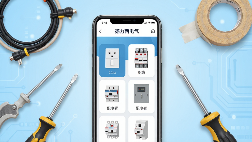 画面中央放置一部智能手机,手机屏幕显示“德力西电气”应用主界面,界面中包含开关插座、断路器、配电箱等电气产品图标,手机周围环绕着电线、螺丝刀、绝缘胶带等电工工具,背景为浅蓝色渐变科技风格,布局采用居中构图,排版整洁有序,整体风格为现代扁平化设计,细节清晰,画质高清,干净无多余元素