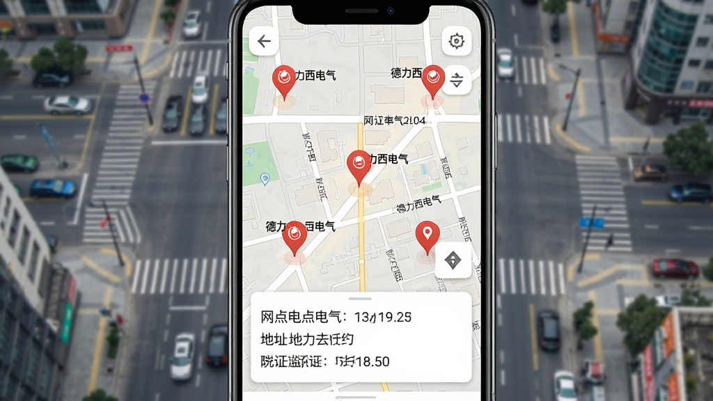手机屏幕显示地图界面,地图上标注多个“德力西电气”服务网点定位图标,屏幕下方弹出网点详情卡片,显示地址和联系电话,背景为城市街道俯视图,布局采用上下结构,风格为简洁地图导航风格,细节清晰,画质高清,干净无多余元素