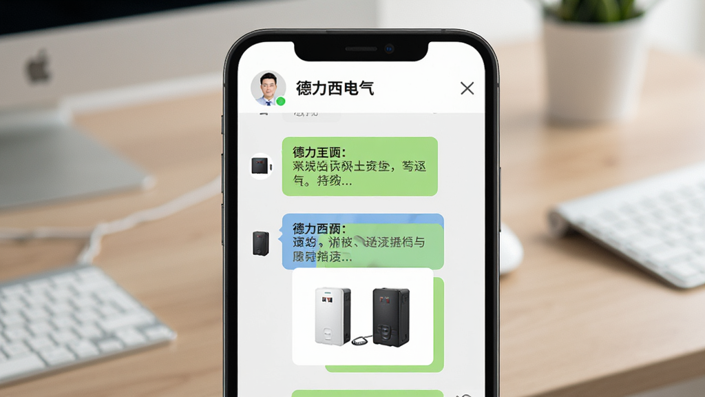 手机屏幕显示“德力西电气”在线客服聊天界面,对话气泡中包含文字和产品图片,屏幕上方显示客服头像和在线状态,背景为柔和办公桌面,布局采用居中特写构图,风格为现代简约风格,细节清晰,画质高清,干净无多余元素