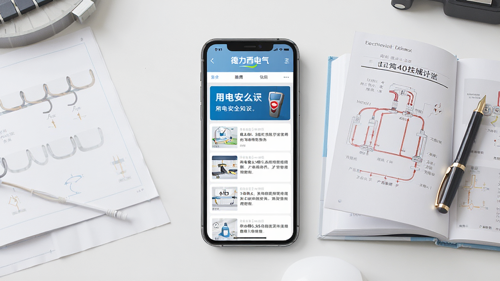 画面中央一部手机横屏显示“德力西电气”资讯页面,页面中包含用电安全知识和产品使用技巧文章列表,手机旁边放置一本翻开的电气技术手册和一支笔,布局采用左右对称构图,风格为清新商务风格,细节丰富,画质高清,干净整洁