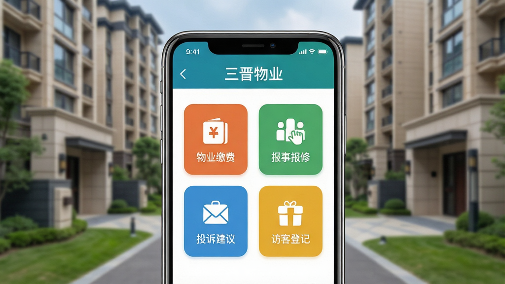 一张展示三晋物业移动应用核心界面的场景图,画面中央是一部智能手机,屏幕显示三晋物业应用首页,包含物业缴费、报事报修、投诉建议、访客登记四个主要功能图标,背景是现代化住宅小区,布局采用居中构图,风格简洁扁平化,细节包括手机边框的高光、应用界面的清晰文字“三晋物业”和功能图标,画质高清,干净,无多余元素
