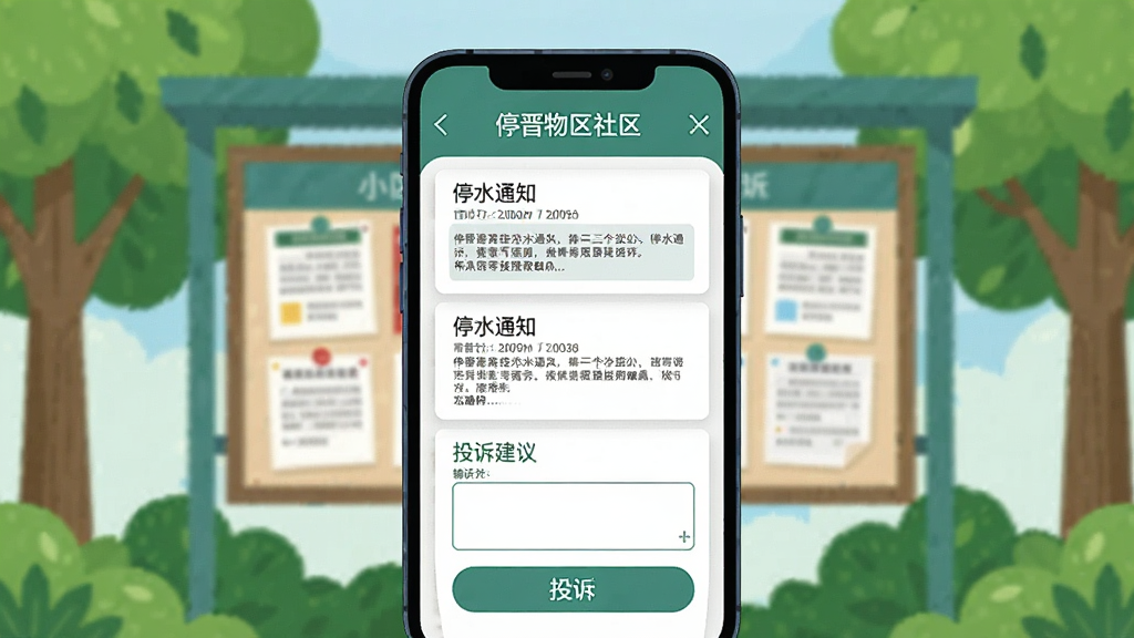 一张展示三晋物业社区公告与投诉功能的AI生图,主体是手机屏幕显示社区公告列表和投诉建议输入框,布局为手机居中,背景是小区公告栏和绿树,风格为扁平插画风,细节包括公告标题“停水通知”和投诉按钮,画质高清,干净,无多余元素