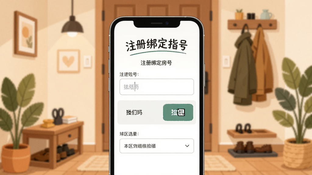 一张展示三晋物业新手操作指引的AI生图,主体是手机屏幕显示注册绑定房号页面,布局为手机居中,背景是温馨的家庭玄关,风格为扁平插画风,细节包括输入框、验证码按钮和小区选择下拉菜单,画质高清,干净,无多余元素