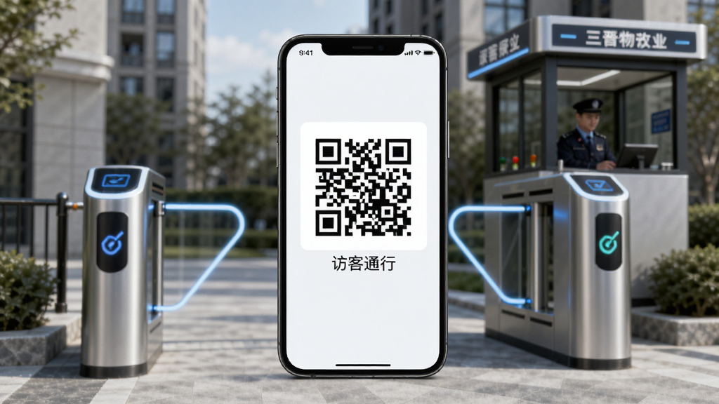 一张展示三晋物业访客通行功能的AI生图,主体是手机屏幕显示访客通行码二维码,布局为手机居中,背景是小区门禁闸机,风格为现代科技风,细节包括二维码下方的“访客通行”文字和保安亭,画质高清,干净,无多余元素