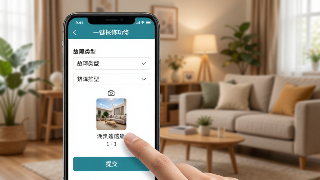 一张展示三晋物业一键报修功能的AI生图,主体是手机屏幕特写,屏幕内显示报修工单提交页面,包含故障类型选择、照片上传按钮和提交按钮,布局为手机居中,背景是温馨的家庭客厅一角,风格为写实科技风,细节包括屏幕上的手指点击动作、上传照片的缩略图,画质高清,干净,无多余元素