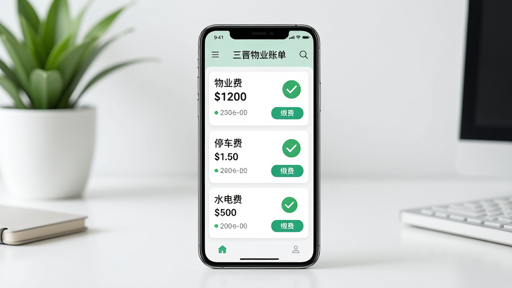 一张展示三晋物业在线缴费功能的AI生图,主体是手机屏幕显示物业账单列表,包含物业费、停车费、水电费三个条目,每个条目带有金额和缴费按钮,布局为手机竖直放置,背景是简洁的桌面和绿植,风格为清新商务风,细节包括屏幕上的支付成功打勾图标,画质高清,干净,无多余元素