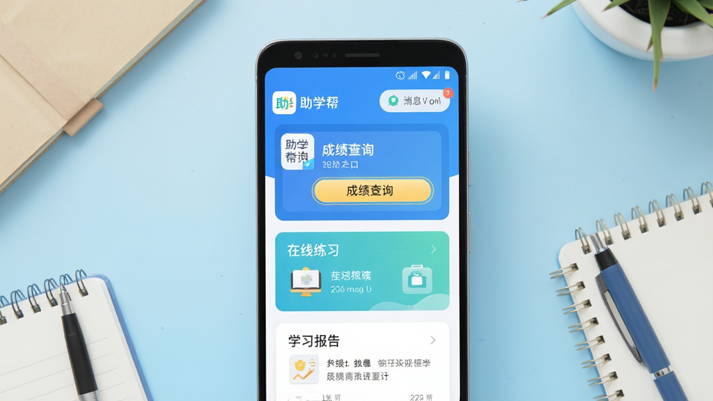����Ϊһ����׿�ֻ���Ļ��д����Ļ����ʾ��ѧ��App����ҳ���棬�����а����ɼ���ѯ��ڡ�������ϰģ���ѧϰ���濨Ƭ������Ϊ�ֻ����з��ã�����Ϊǳ��ɫ�������棬��Χɢ�伸���ʼǱ���һ֧�ʣ����Ϊ���±�ƽ��UIչʾ���ϸ�ڰ���Appͼ���ϵġ���ѧ���������Ļ�ڡ��ɼ���ѯ����ť������ʾ��֪ͨ������Ϣ���ѣ�����Ϊ������Ⱦ���ɾ��޶���Ԫ��