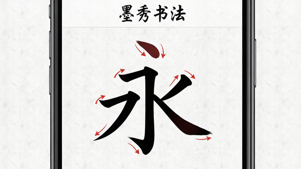 墨秀书法APP笔画分解功能界面截图,手机屏幕上显示着一个“永”字被拆解为多个单独笔画的动态演示画面,每个笔画用红色箭头标注运笔方向,屏幕上方有“墨秀书法”字样,背景为白色宣纸纹理,画面简洁清晰,画质高清,无多余元素