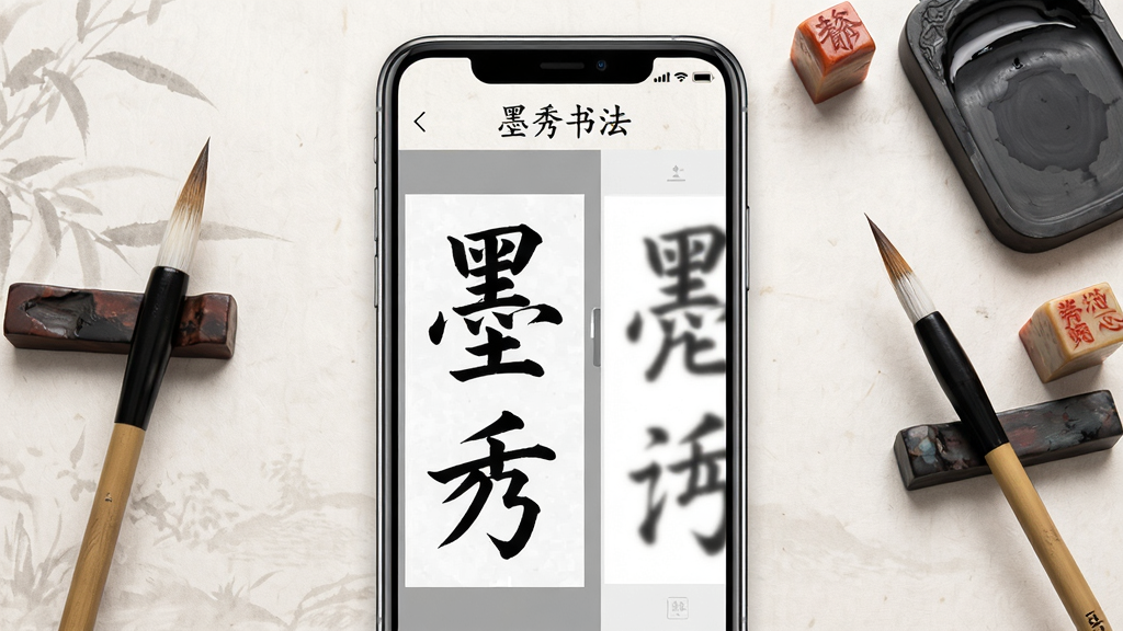 一幅展示墨秀书法软件界面的手机应用截图,画面中央是一部竖屏智能手机,手机屏幕上显示着墨秀书法APP的主界面,界面中有一幅高清的楷书碑帖临摹页面,左侧是原帖范字,右侧是用户书写区域,屏幕上方有“墨秀书法”四个字的应用标题,背景为淡雅的宣纸纹理,手机周围散落着毛笔、砚台、印章等书法用具,整体风格为清新中国风,画面干净整洁,画质高清,无多余元素