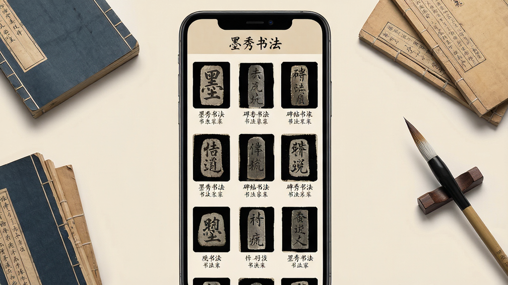 墨秀书法APP内碑帖资源库界面截图,手机屏幕中展示着排列整齐的古代书法碑帖缩略图,每张缩略图下方标注着碑帖名称和书法家姓名,界面顶部有“墨秀书法”字样,背景为淡米色,画面中散布着几本古籍和毛笔,整体风格古朴典雅,画质高清,干净无多余元素