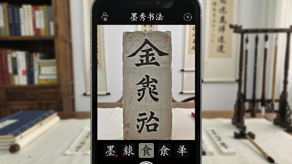 墨秀书法APP拍照识别隶书功能界面截图,手机屏幕上显示着摄像头正在拍摄一幅隶书碑帖,屏幕下方已识别出对应的简体汉字,界面顶部有“墨秀书法”字样,背景为书房环境,画面干净,画质高清,无多余元素
